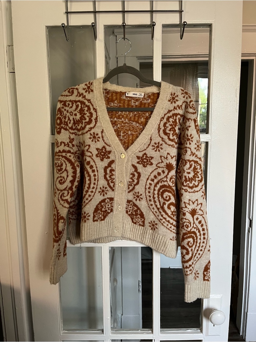 Mango Beige and Golden Brown Paisley V-Neck Button Cardigan